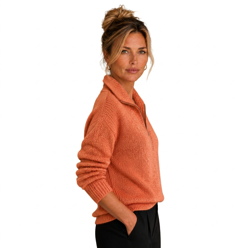 Women's Cashmere-Look Half-Zip Knitted Pullover Sweater with Long Sleeves