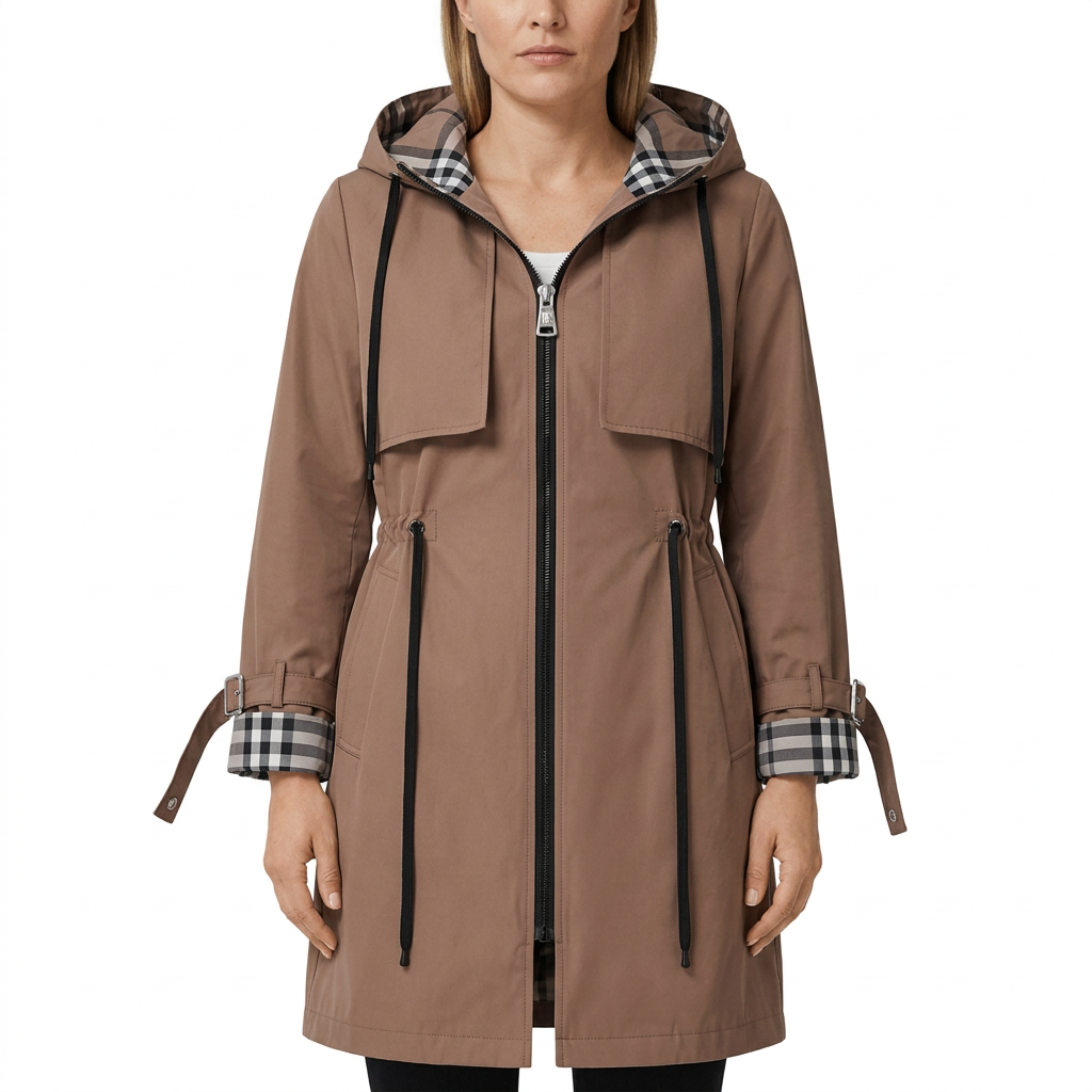Woman modelling brown hooded zip coat
