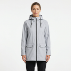 Woman modelling Gray hooded rain jacket