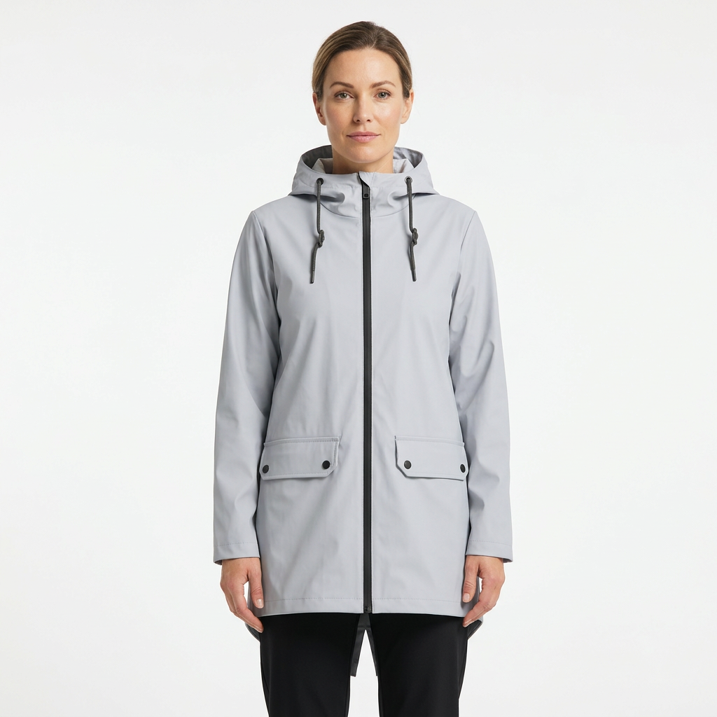 Woman modelling Gray hooded rain jacket