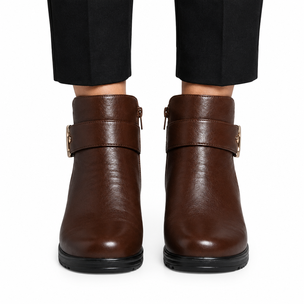 Brown ankle boots worn by model