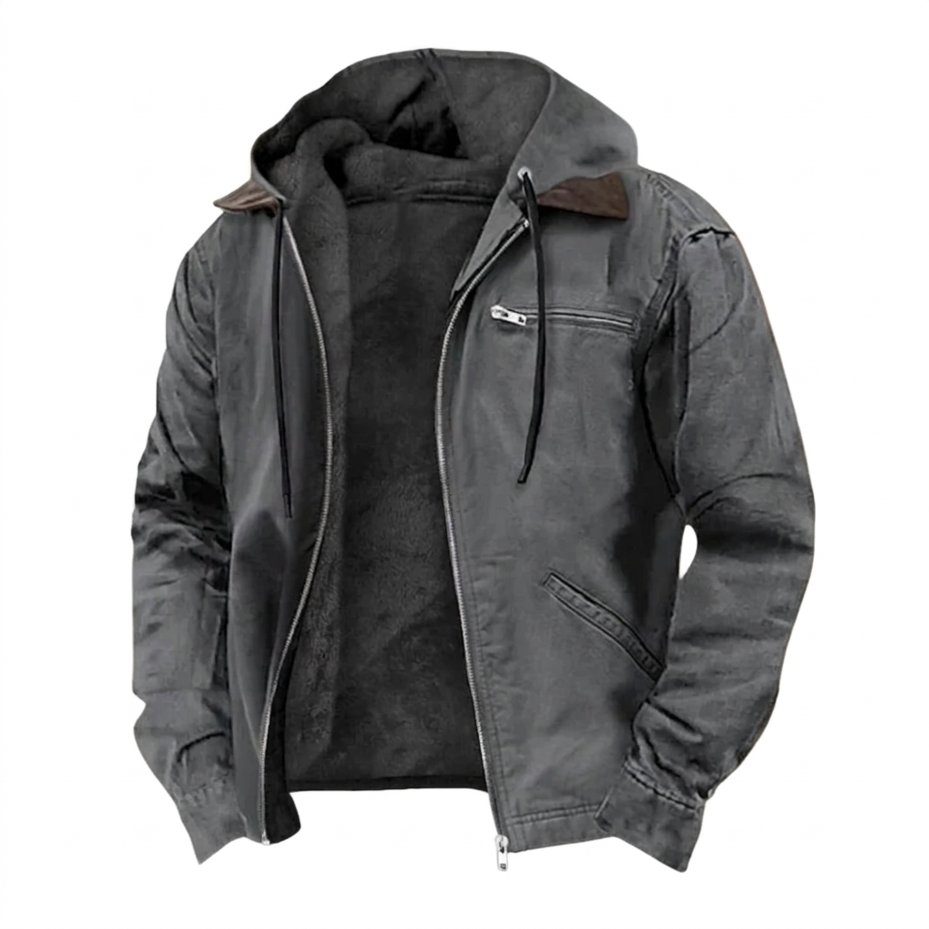 Men's Hooded Jacket with Zip Front and Drawstring Hood for Casual Wear