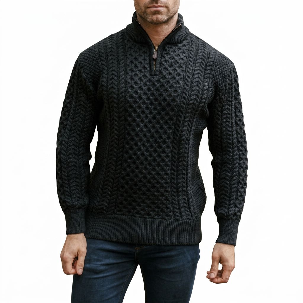 Men’s Half-Zip Jumper in Merino Wool with Aran Pattern for Warmth