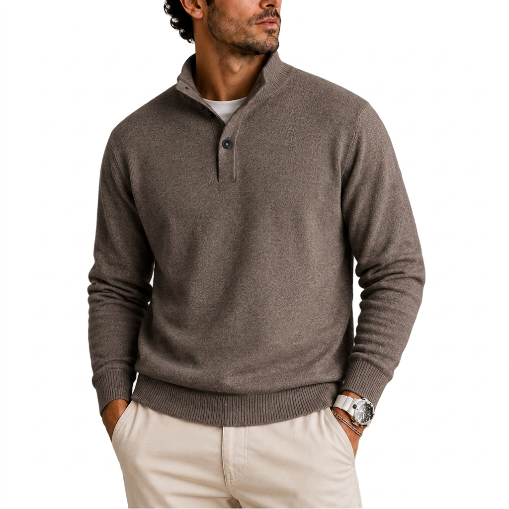 Men’s Long Sleeve Knit Polo Sweater with Ribbed Cuffs and Hem