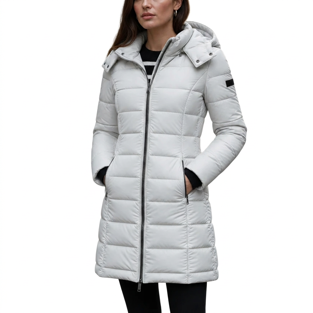 Women's Mid-Length Quilted Puffer Jacket with Detachable Hood