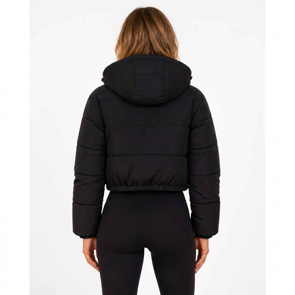 Black cropped hooded puffer jacket, back view on white background