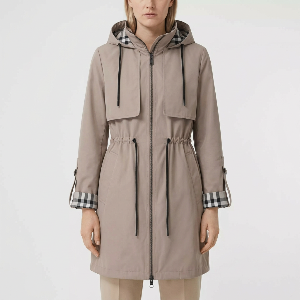 Woman modelling beige hooded zip coat