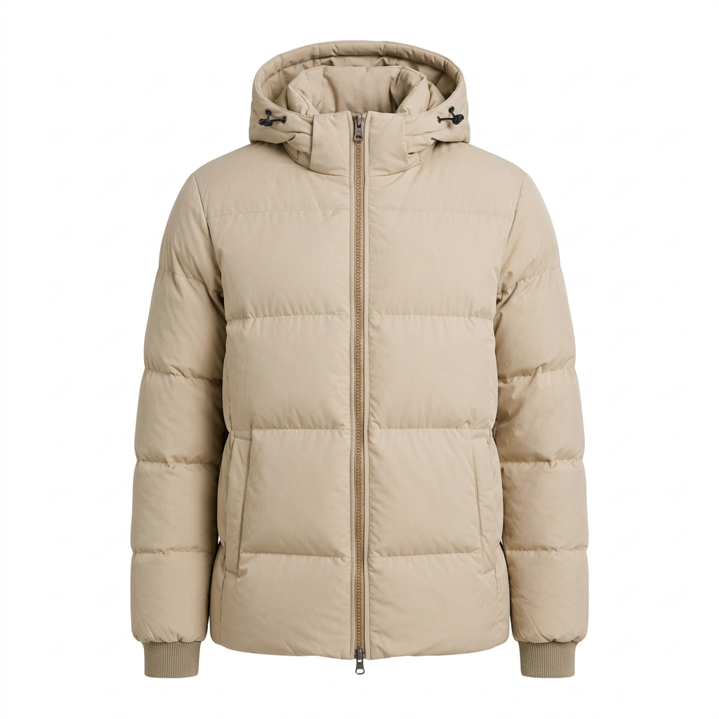 Beige men's hooded puffer jacket on white background