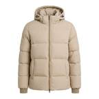 Beige men's hooded puffer jacket on white background