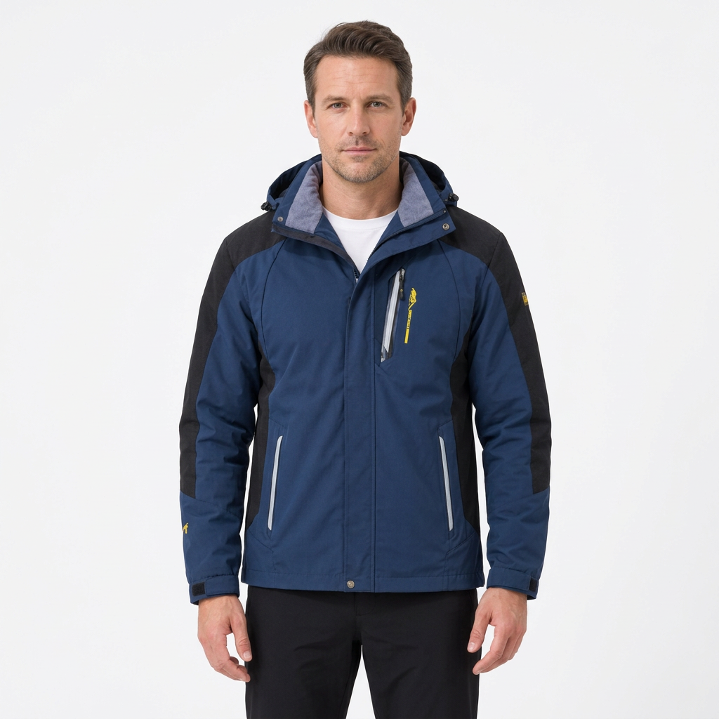 Man modelling blue hooded hiking jacket