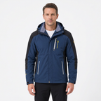Man modelling blue hooded hiking jacket