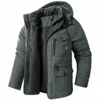 Grey fleece-lined winter parka on white background