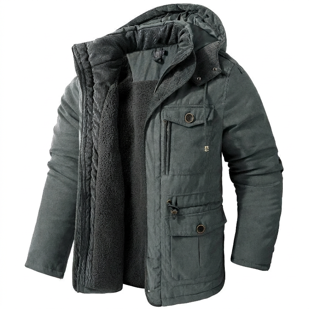 Grey fleece-lined winter parka on white background