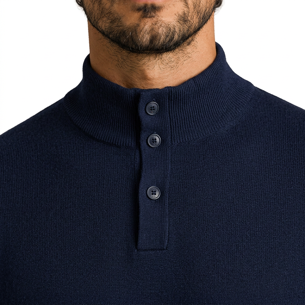 Men’s Long Sleeve Knit Polo Sweater with Ribbed Cuffs and Hem