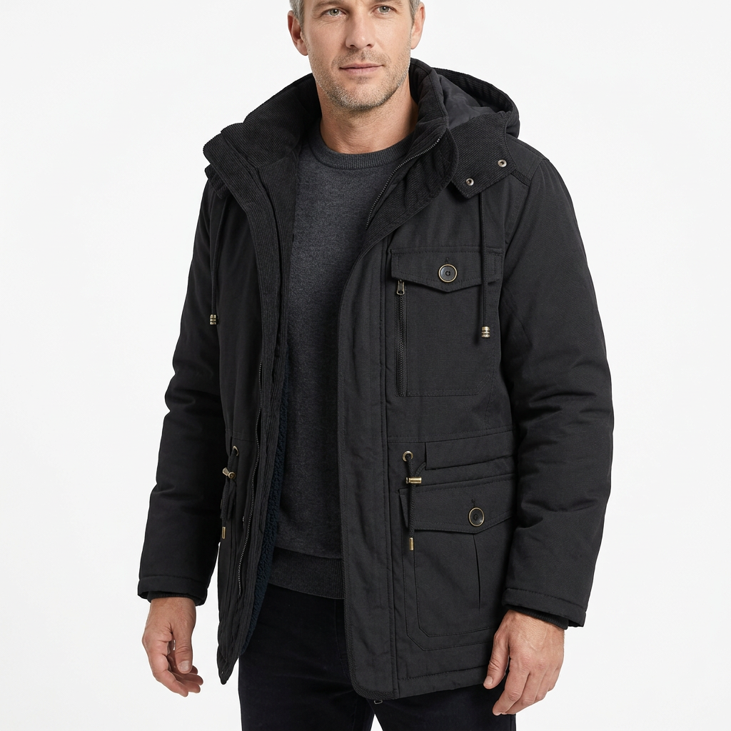 Man wearing black fleece-lined winter parka