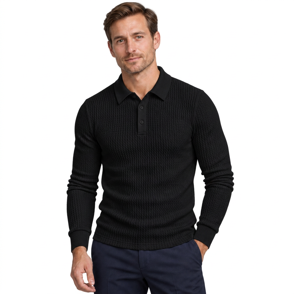 Men's Ribbed Long-Sleeve Polo Sweater – Slim Fit