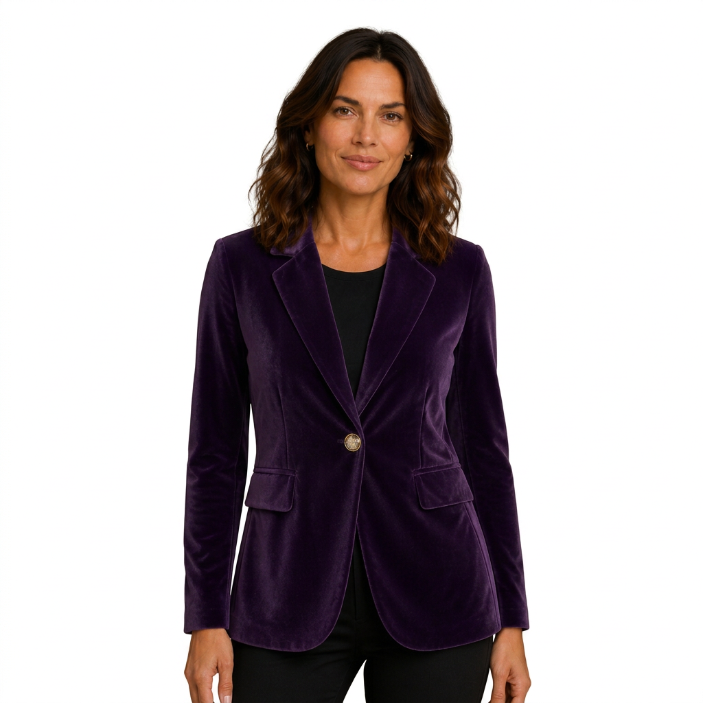 Purple velvet blazer on white background