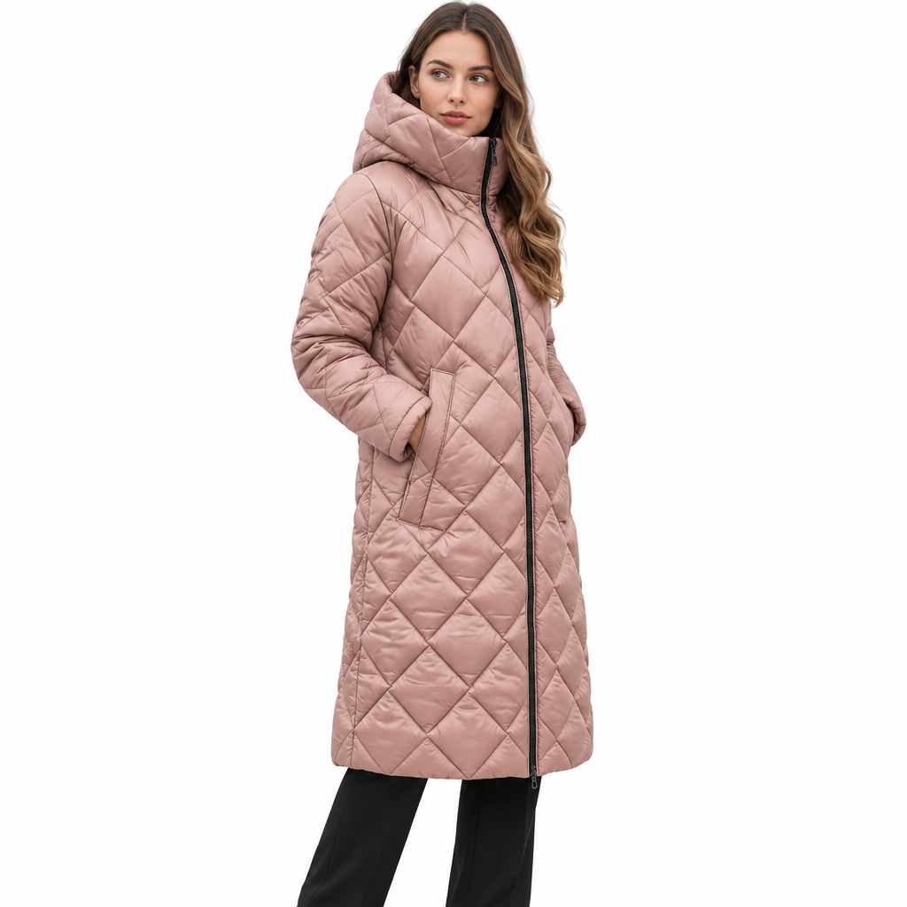 Women's Quilted Long Coat with Water-Resistant Fabric for Cold Weather