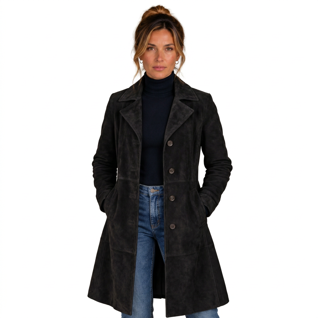 Black suede longline coat, front view on white background