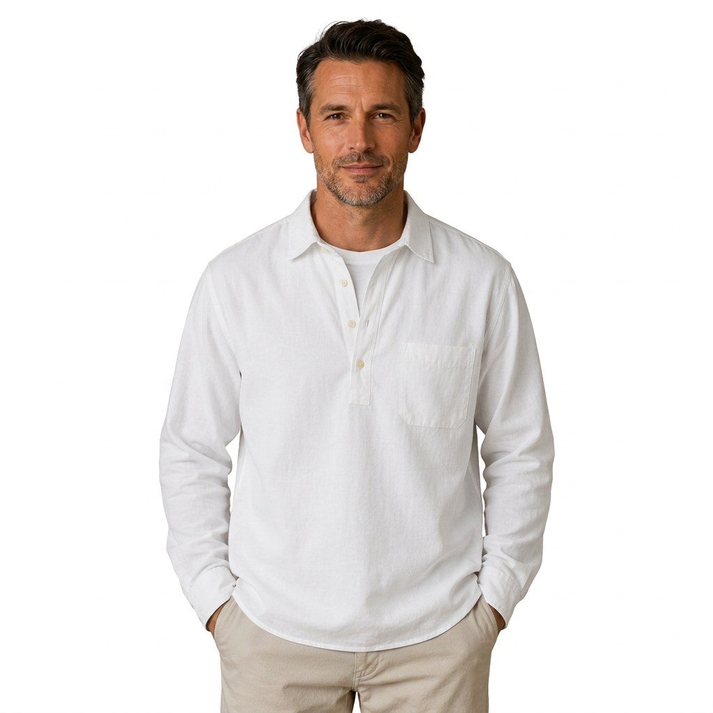 White popover shirt on a male model in his forties, front view on white background