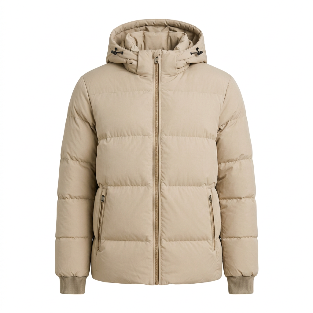 Men's Hooded Puffer Jacket with Zip Pockets and Ribbed Cuffs