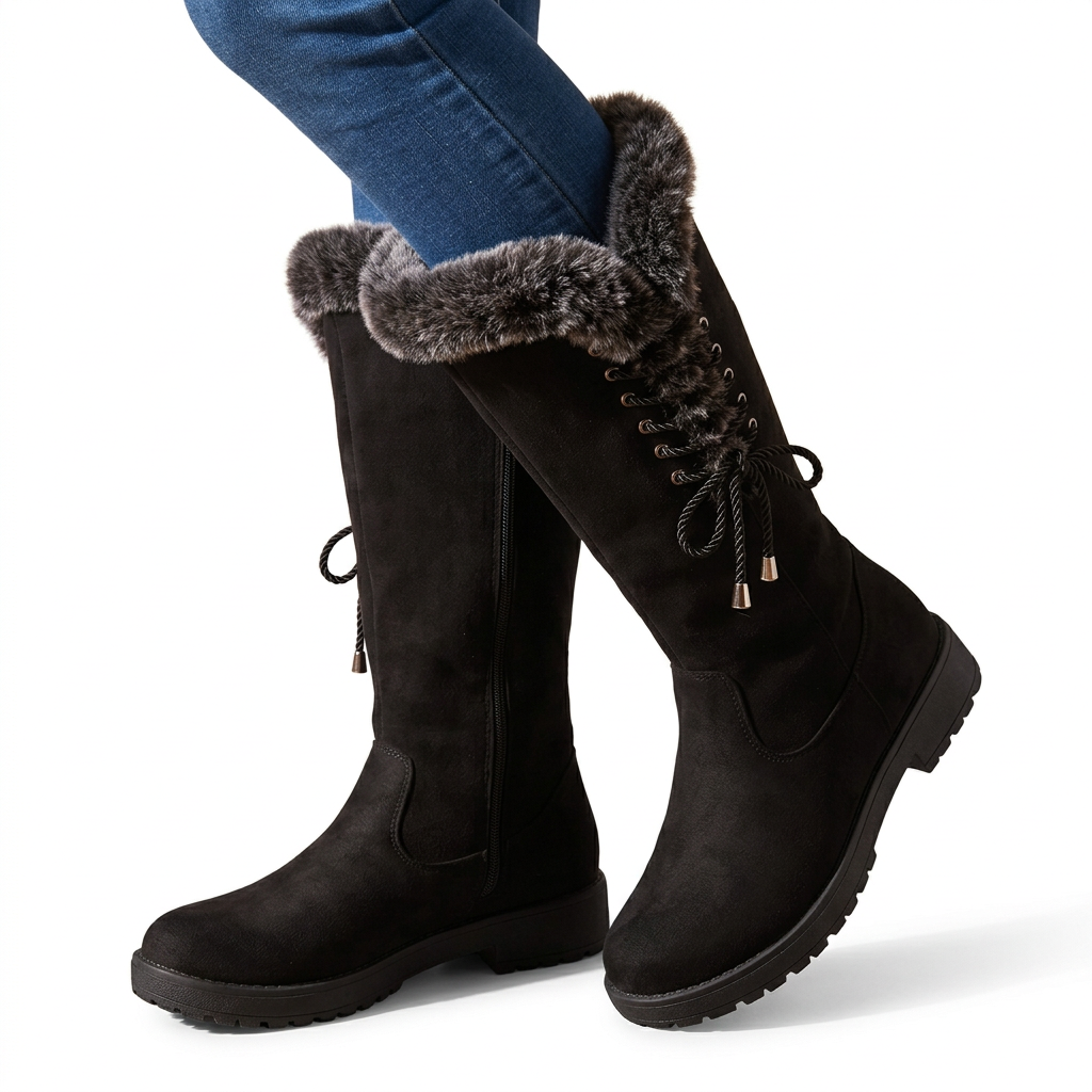 Women's Suede Mid Calf Boots with Faux-Fur Cuff for Cold Weather