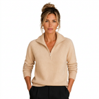 Women's Cashmere-Look Half-Zip Knitted Pullover Sweater with Long Sleeves