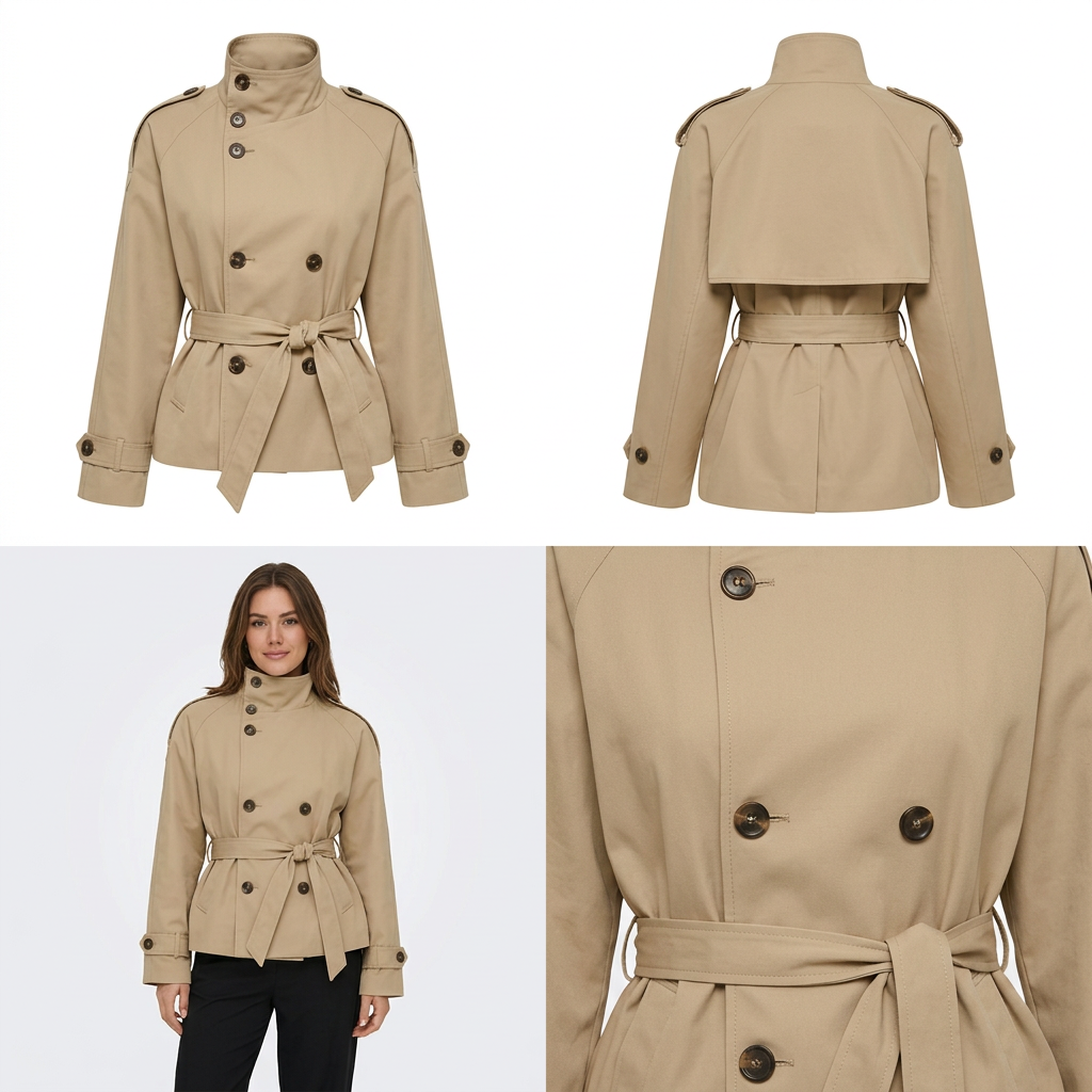 Women's Short Double-Breasted Trench Coat with Belt
