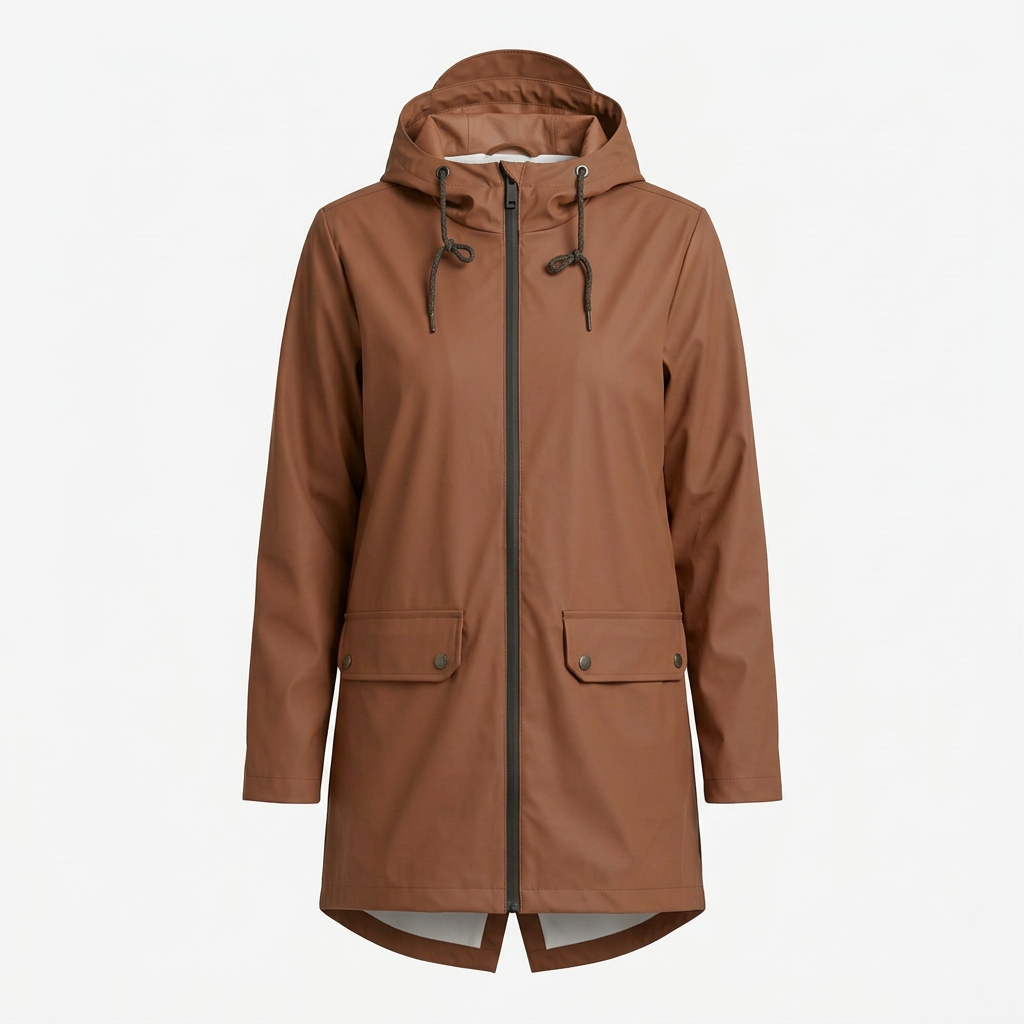 Coffee hooded rain jacket on white background