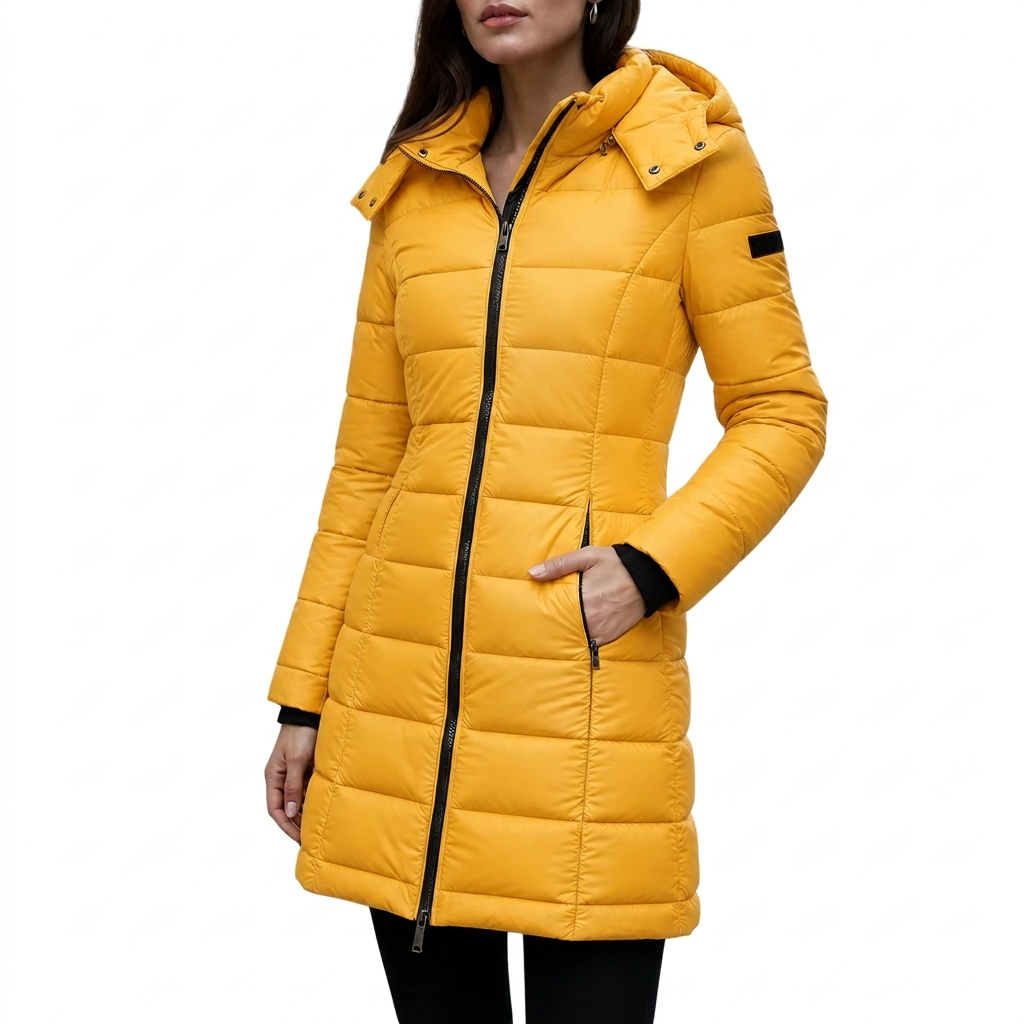 Women's Mid-Length Quilted Puffer Jacket with Detachable Hood