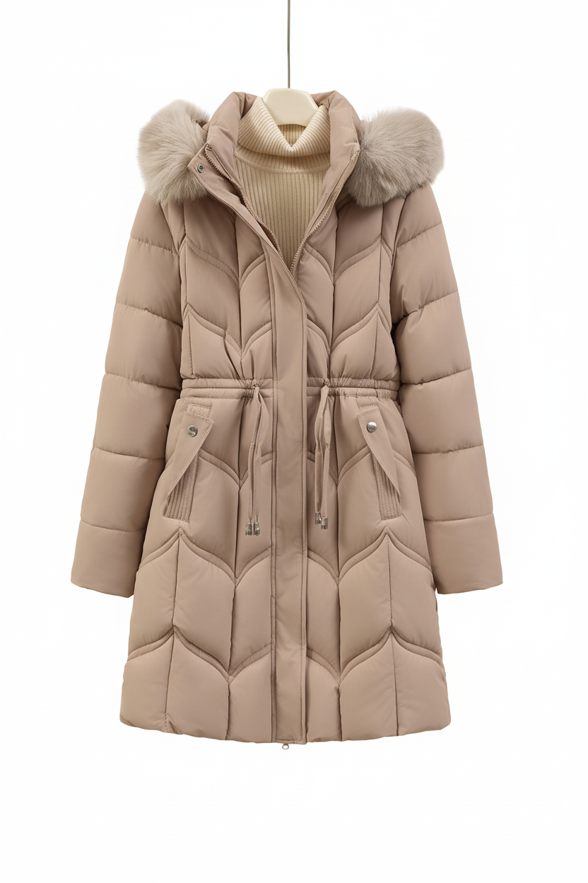 Women's Faux Puffer Coat - Camel Front