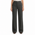 Dark grey trousers on model, waist-to-shoes view