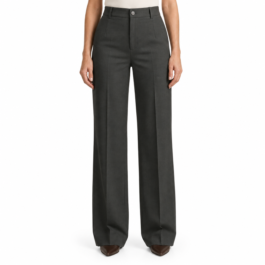 Dark grey trousers on model, waist-to-shoes view