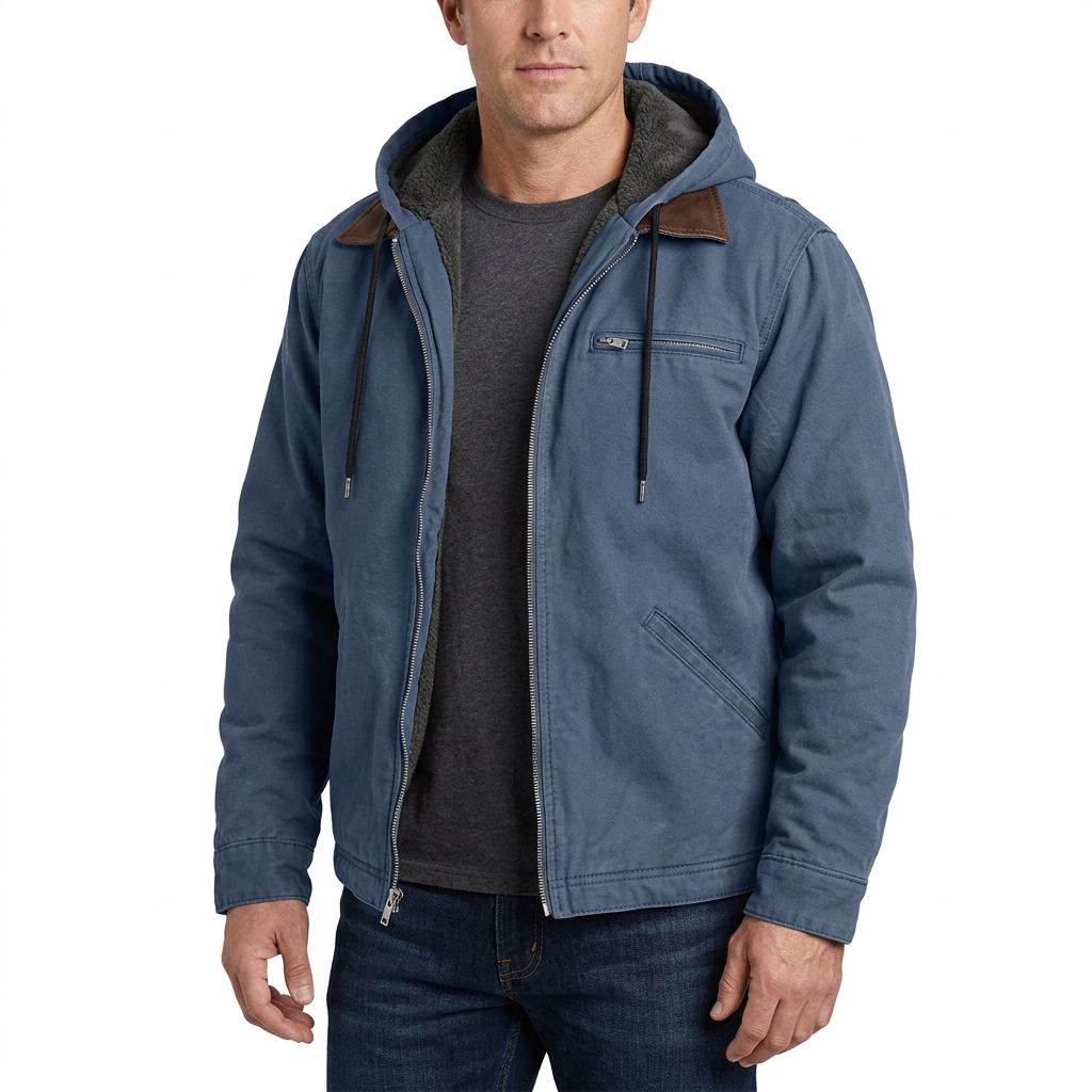 Men's Hooded Jacket with Zip Front and Drawstring Hood for Casual Wear