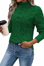 High-Neck Cable Sweater - Green