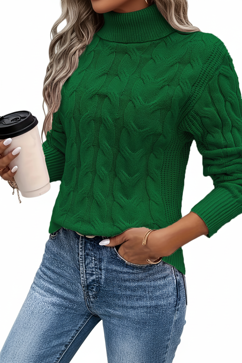 High-Neck Cable Sweater - Green