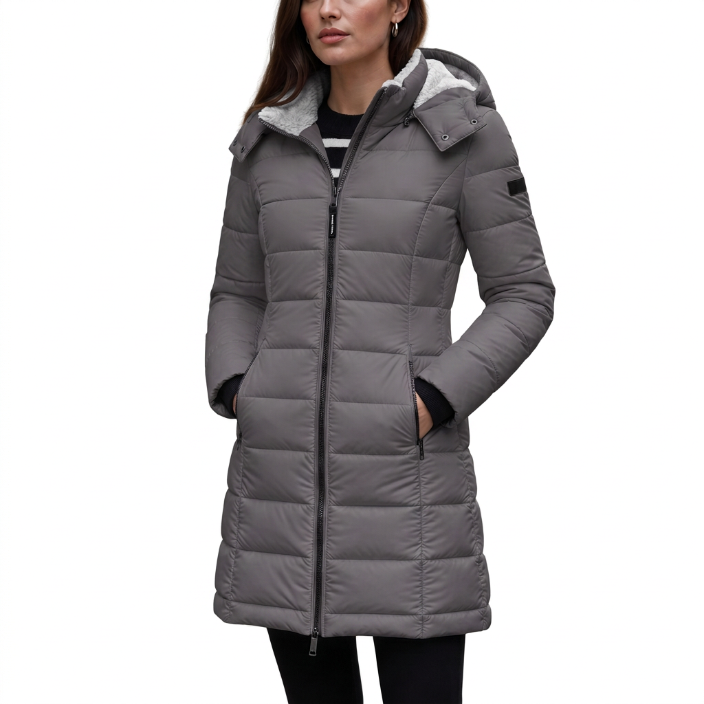 Women's Mid-Length Quilted Puffer Jacket with Detachable Hood