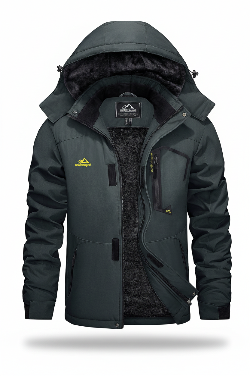 Men's hooded winter fleece lined jacket on a white background