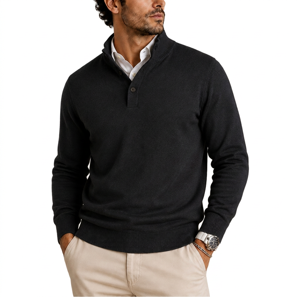 Men’s Long Sleeve Knit Polo Sweater with Ribbed Cuffs and Hem