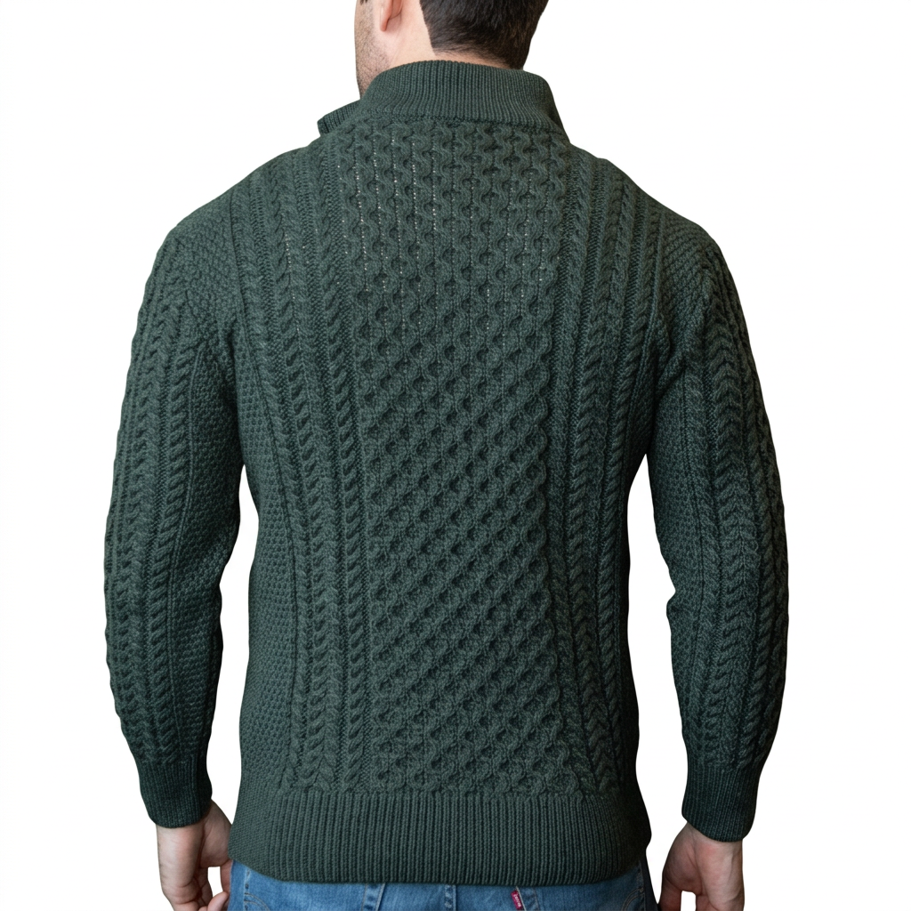 Men’s Half-Zip Jumper in Merino Wool with Aran Pattern for Warmth