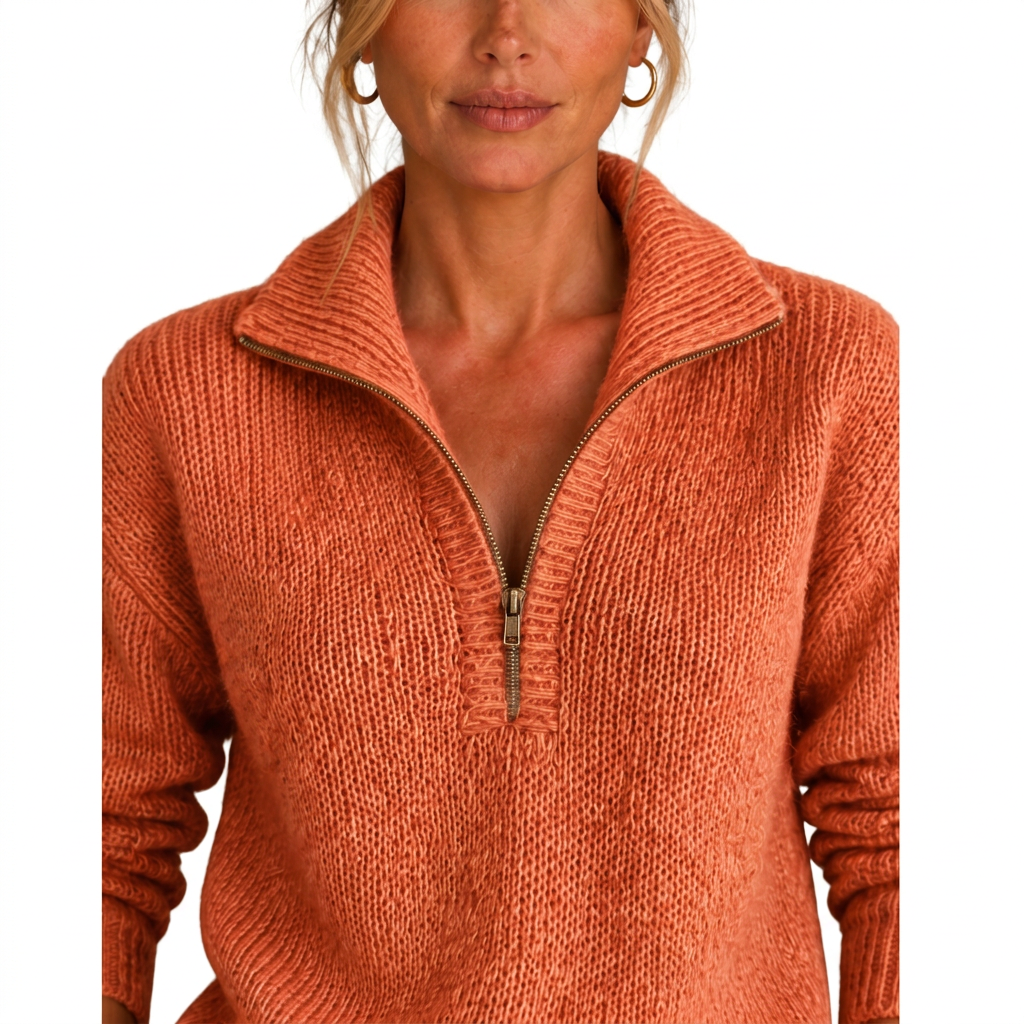 Women's Cashmere-Look Half-Zip Knitted Pullover Sweater with Long Sleeves