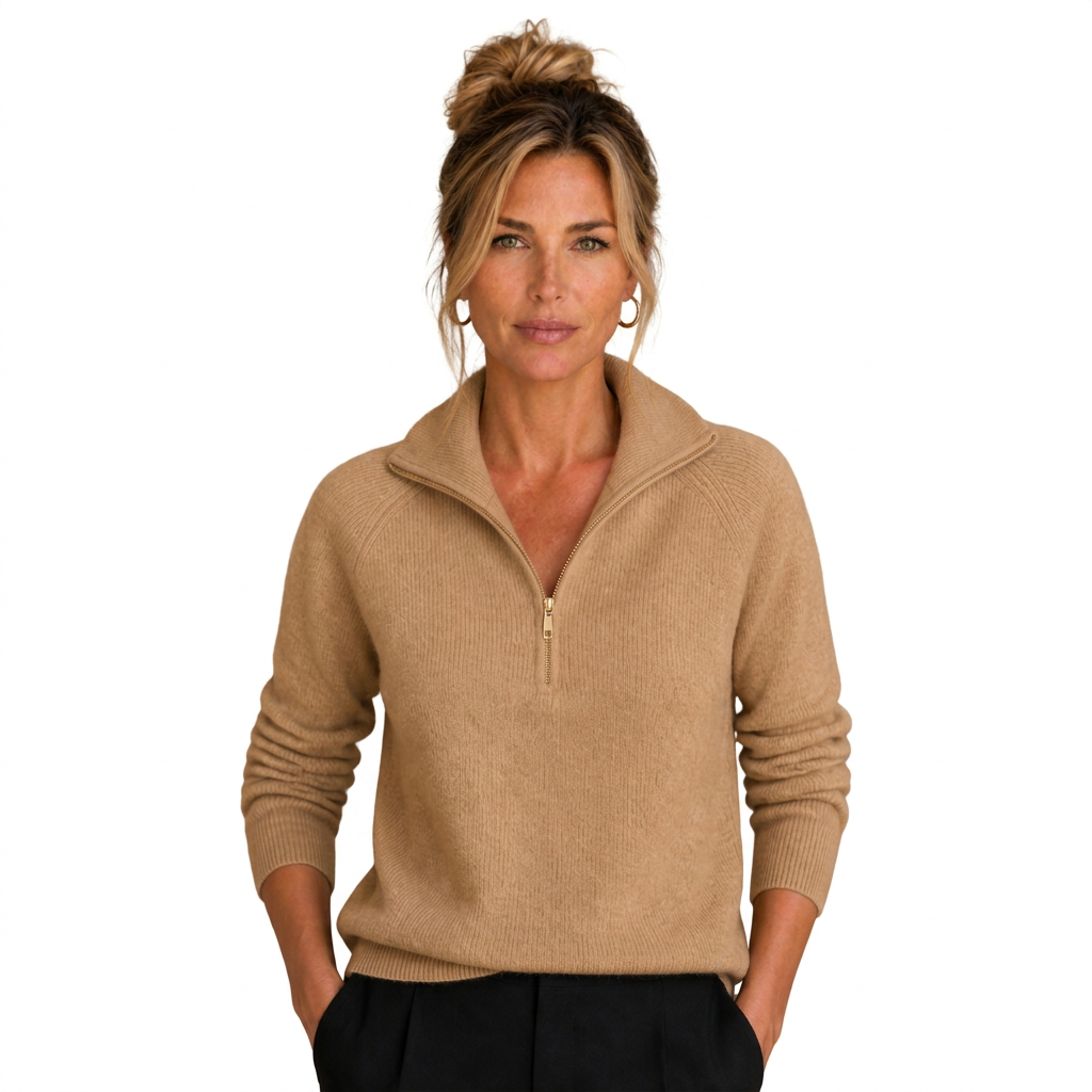 Women's Cashmere-Look Half-Zip Knitted Pullover Sweater with Long Sleeves
