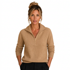 Women's Cashmere-Look Half-Zip Knitted Pullover Sweater with Long Sleeves