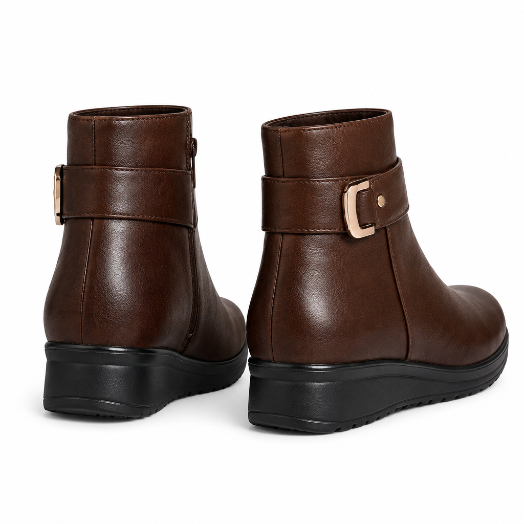 Brown ankle boots, rear three-quarter view