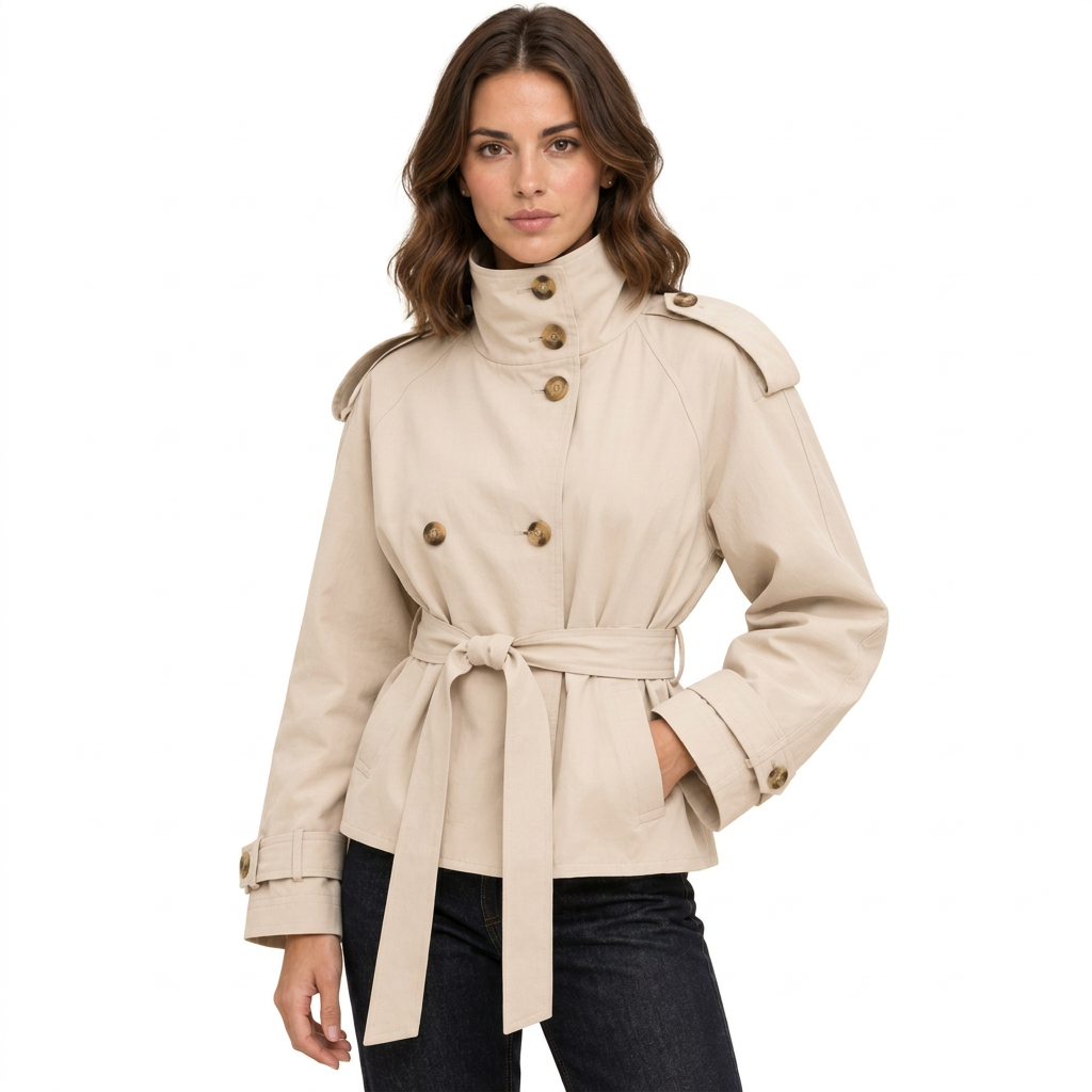 Women's Cropped Double Breasted Trench Jacket with Belt