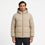 Man wearing beige hooded puffer jacket