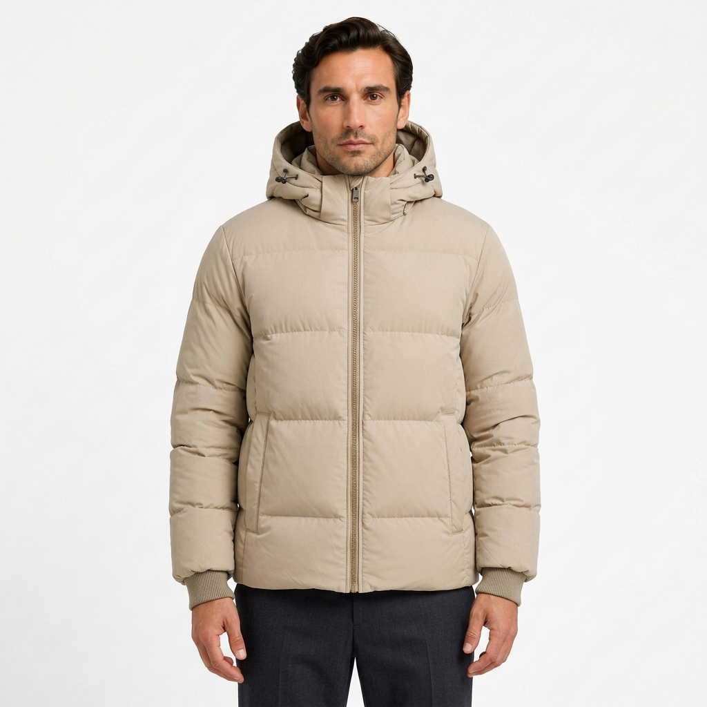 Man wearing beige hooded puffer jacket