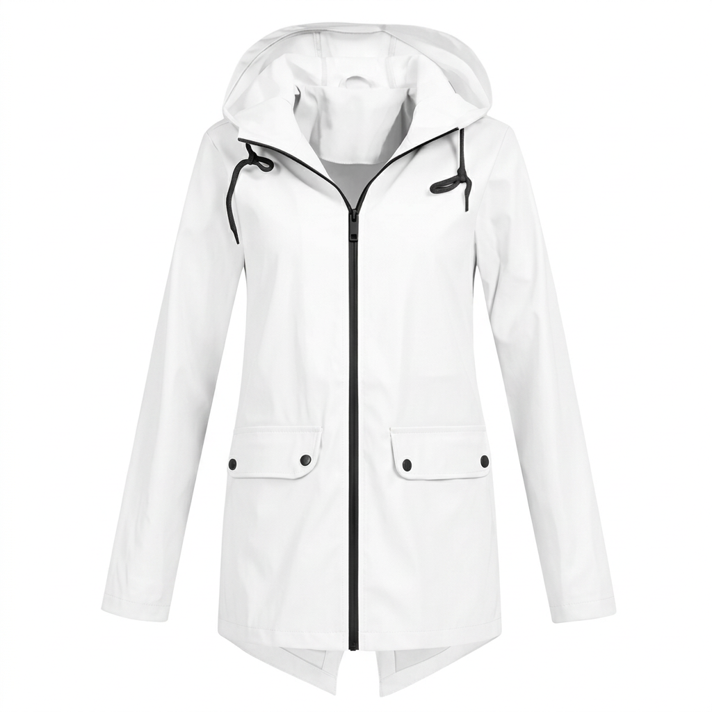 White hooded rain jacket