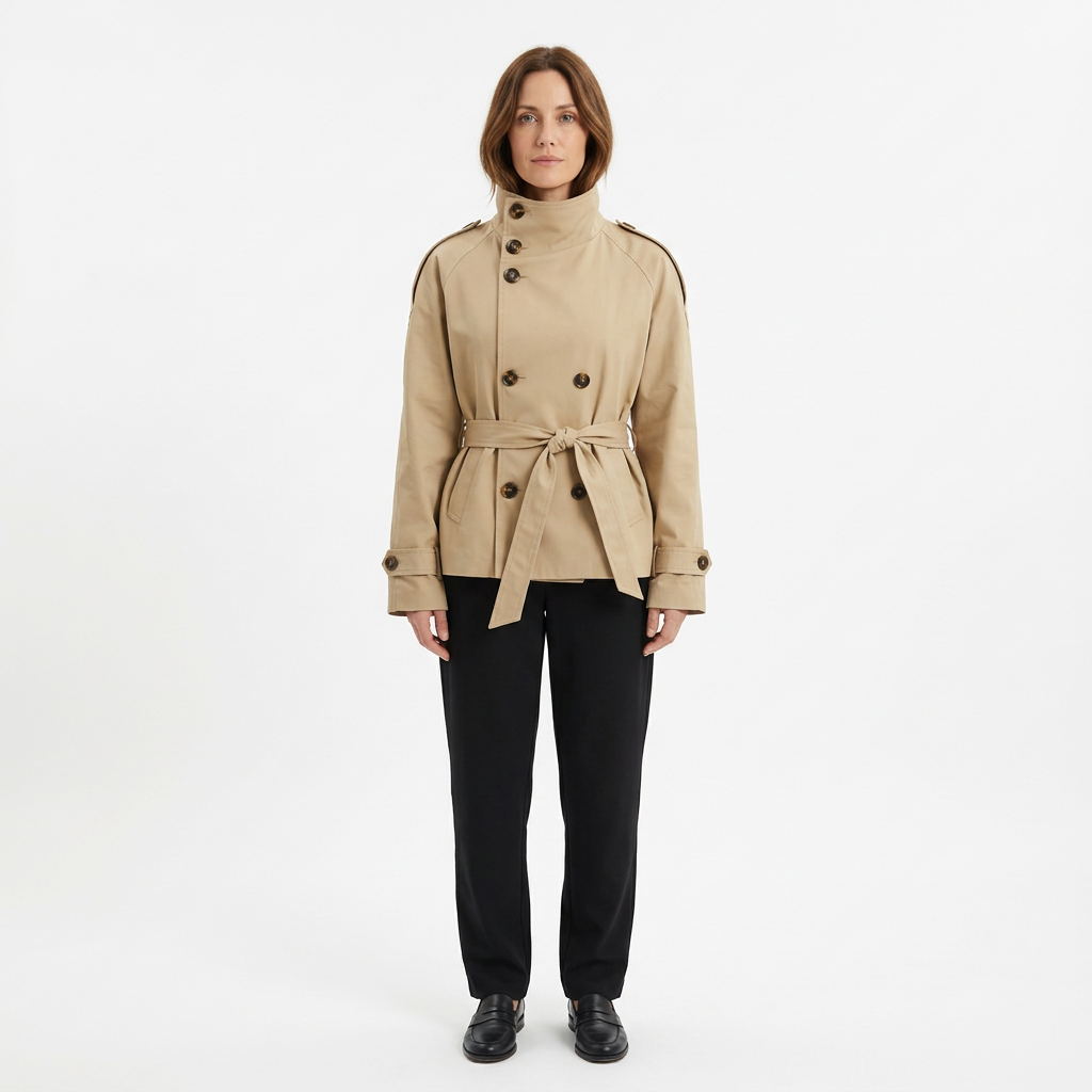 Women's Short Double-Breasted Trench Coat with Belt