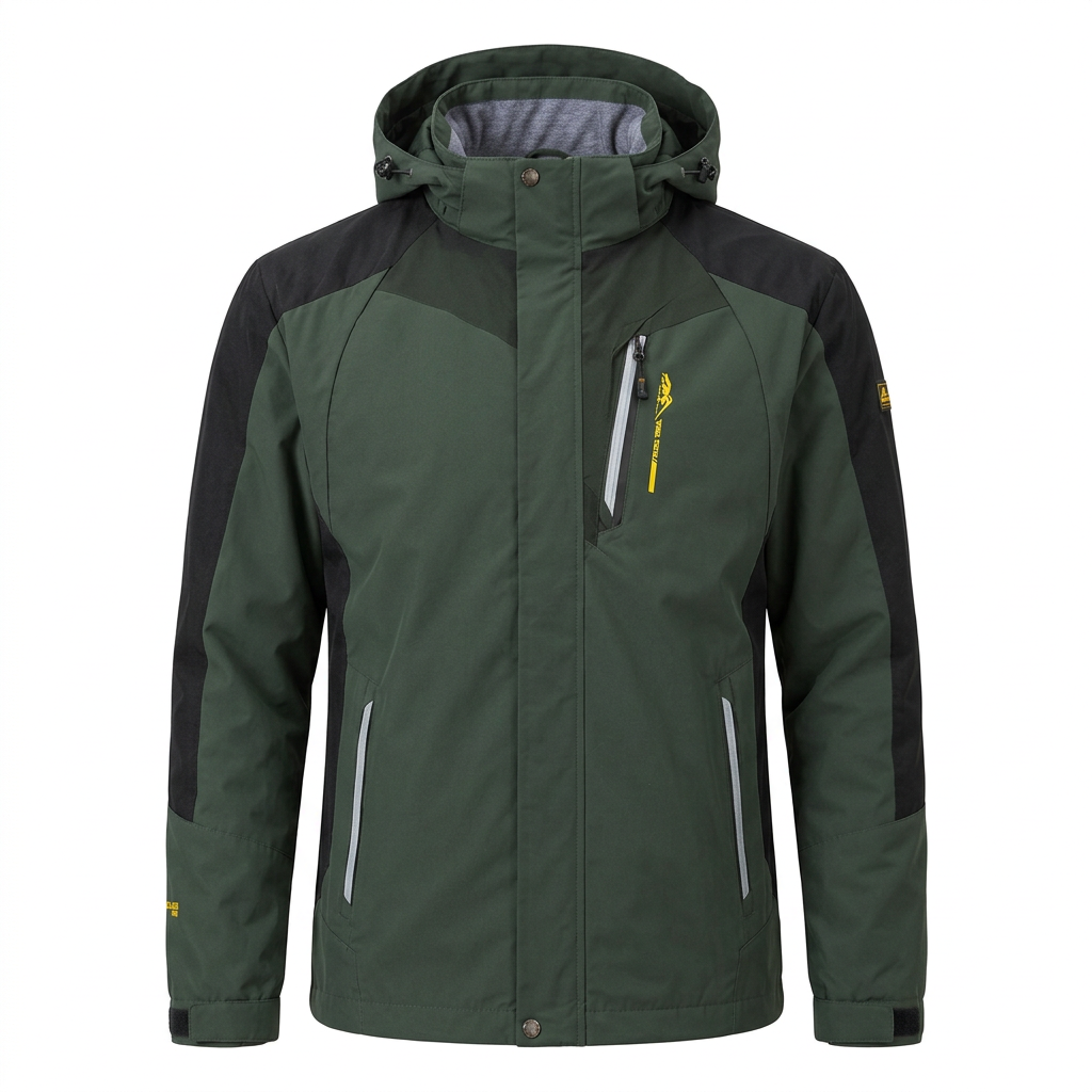 Army green hooded hiking jacket on white background
